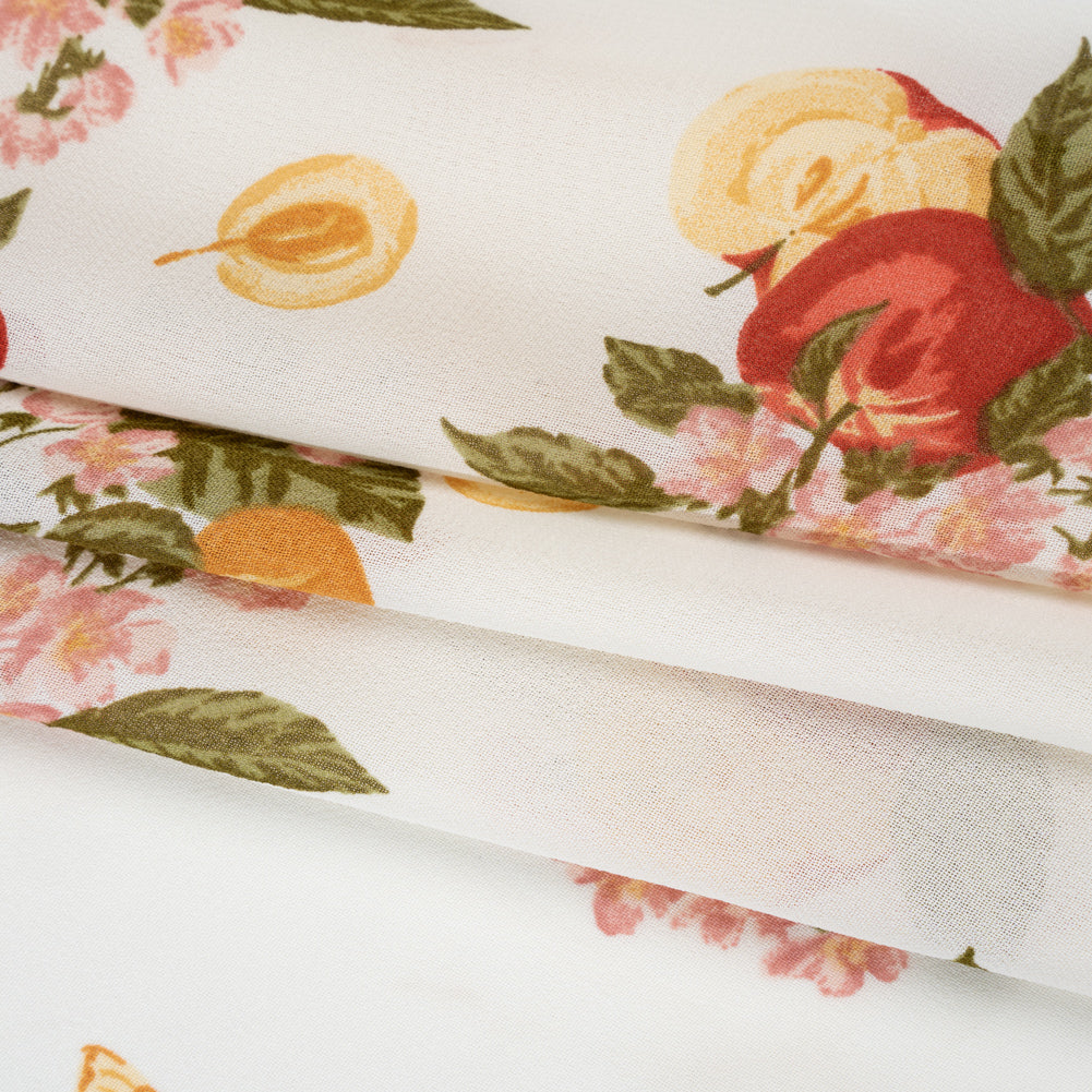Viscose Georgette Print - Dark Scarlet Red, Dark Pink and Dark Amber Yellow Fruit and Floral - Designer Deadstock - Folded