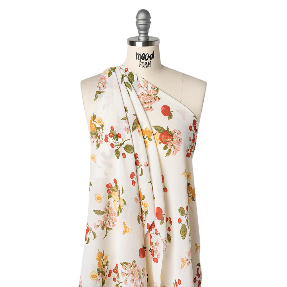 Viscose Georgette Print - Dark Scarlet Red, Dark Pink and Dark Amber Yellow Fruit and Floral - Designer Deadstock - Drape