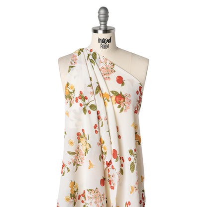 Viscose Georgette Print - Dark Scarlet Red, Dark Pink and Dark Amber Yellow Fruit and Floral - Designer Deadstock