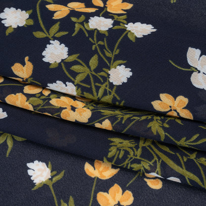 Viscose Georgette Print - Midnight Blue, Amber Yellow and Off White Wildflower Floral - Designer Deadstock