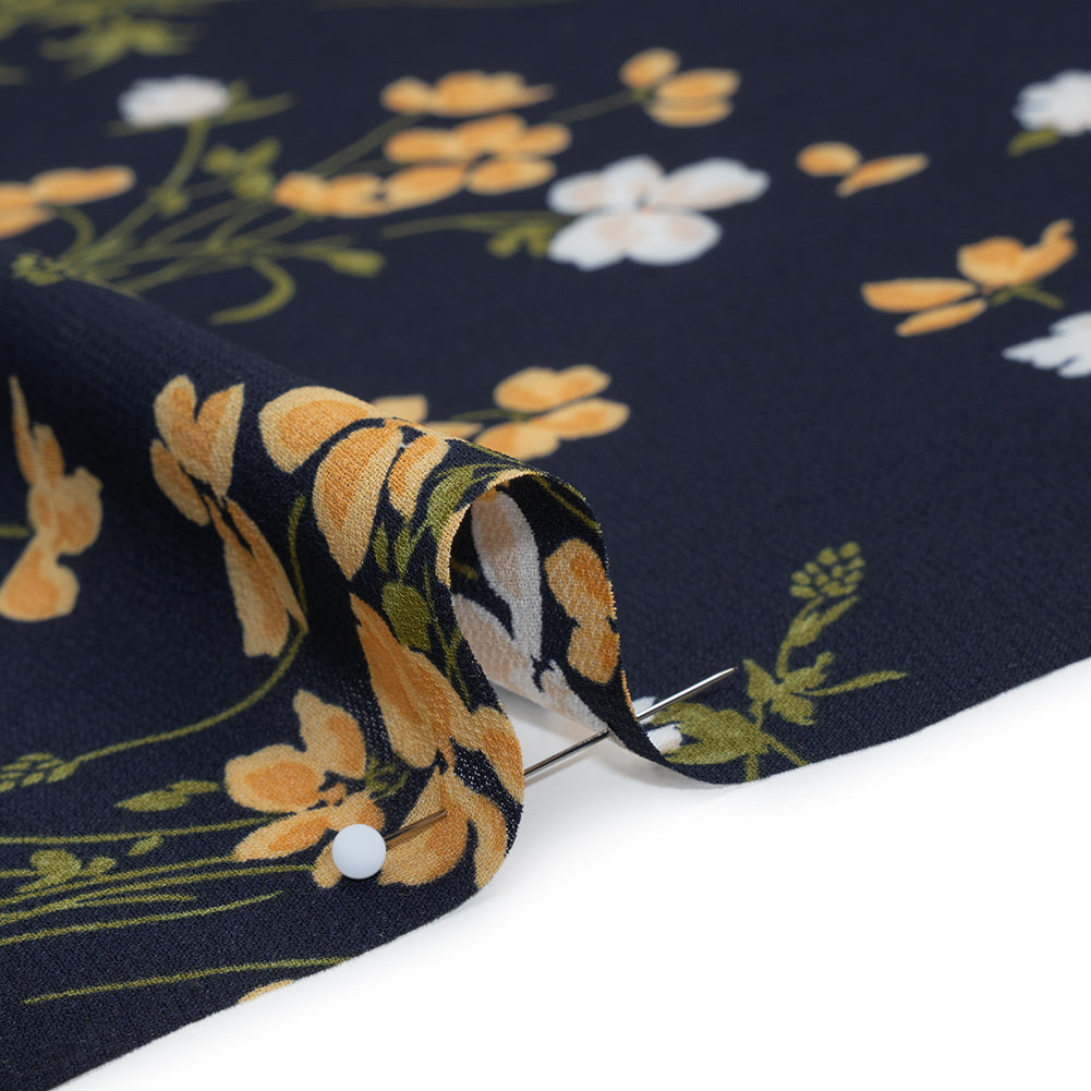 Viscose Georgette Print - Midnight Blue, Amber Yellow and Off White Wildflower Floral - Designer Deadstock - Detail