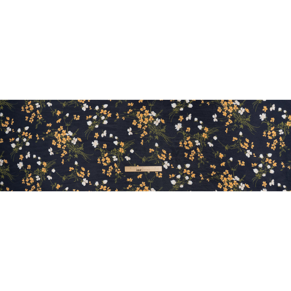 Viscose Georgette Print - Midnight Blue, Amber Yellow and Off White Wildflower Floral - Designer Deadstock - Full