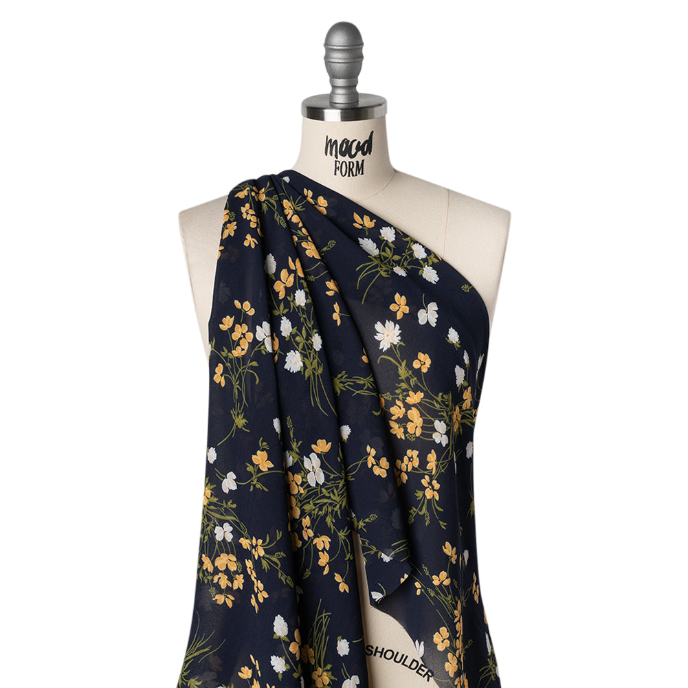 Viscose Georgette Print - Midnight Blue, Amber Yellow and Off White Wildflower Floral - Designer Deadstock - Drape