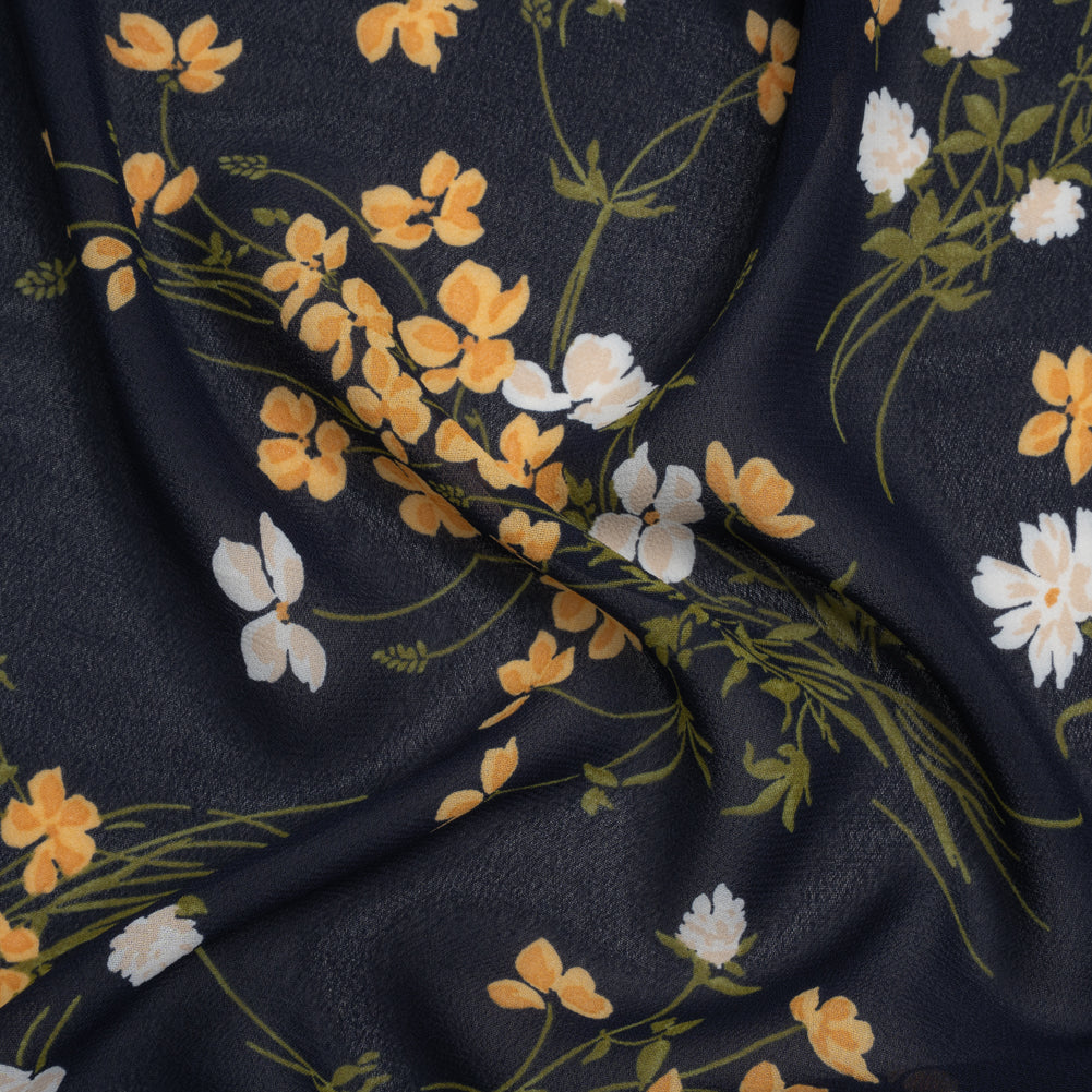Viscose Georgette Print - Midnight Blue, Amber Yellow and Off White Wildflower Floral - Designer Deadstock