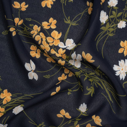 Viscose Georgette Print - Midnight Blue, Amber Yellow and Off White Wildflower Floral - Designer Deadstock