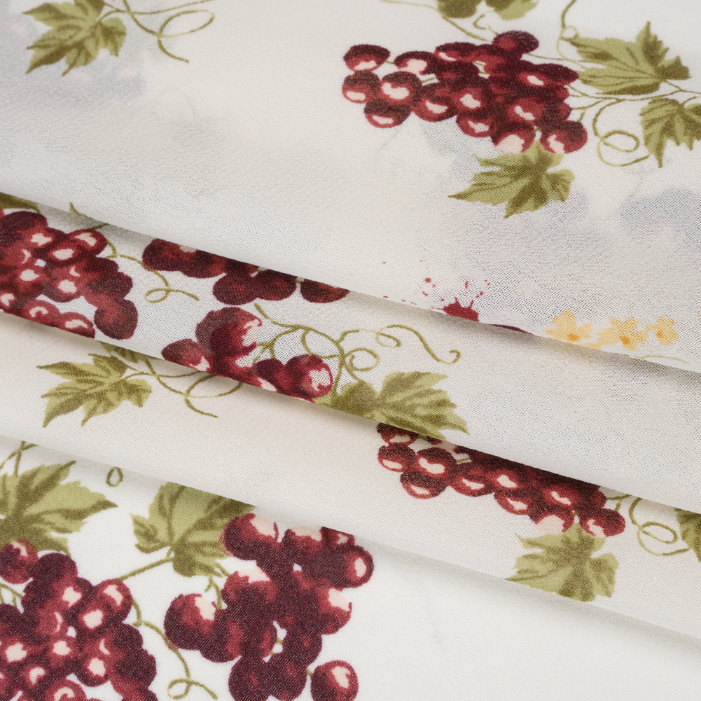 Viscose Georgette Print - Plum Purple, Moss Green and Bright Cream Grapevine Watercolor Illustration - Designer Deadstock - Folded