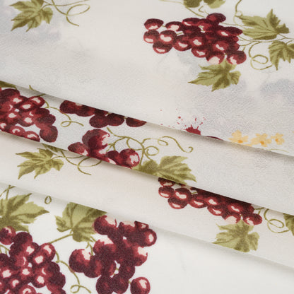 Viscose Georgette Print - Plum Purple, Moss Green and Bright Cream Grapevine Watercolor Illustration - Designer Deadstock