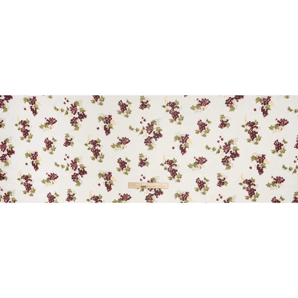 Viscose Georgette Print - Plum Purple, Moss Green and Bright Cream Grapevine Watercolor Illustration - Designer Deadstock - Full