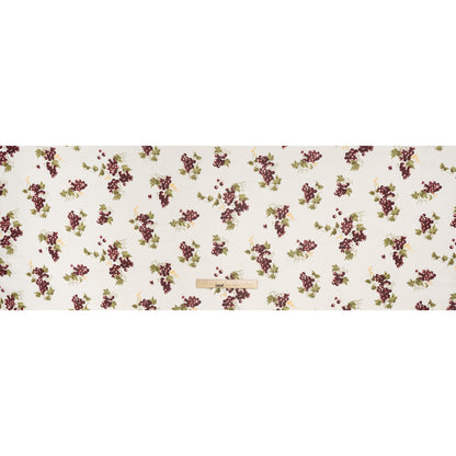 Viscose Georgette Print - Plum Purple, Moss Green and Bright Cream Grapevine Watercolor Illustration - Designer Deadstock