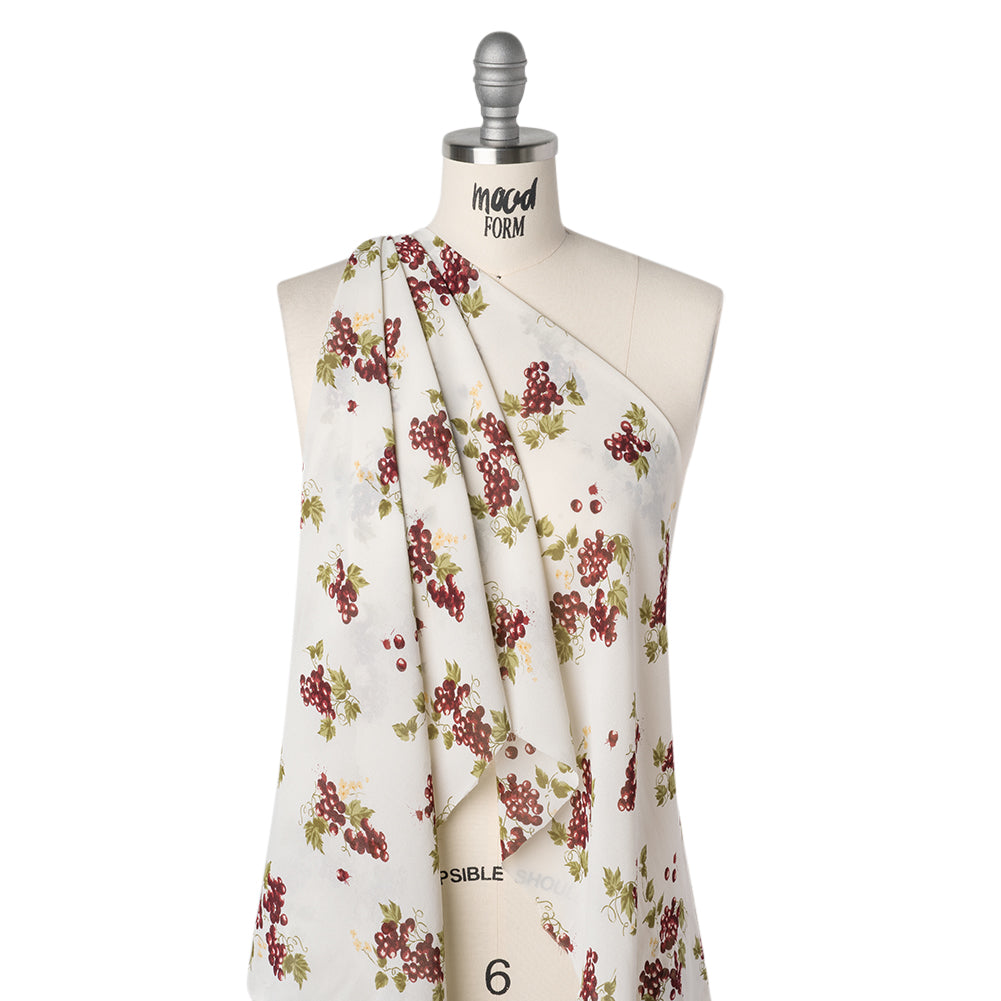 Viscose Georgette Print - Plum Purple, Moss Green and Bright Cream Grapevine Watercolor Illustration - Designer Deadstock - Drape