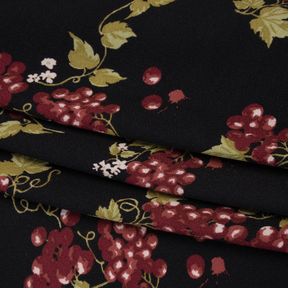 Sustainable Viscose Crepe Print by The Reformation - Black and Sangria Purple Grapes Illustration - Deadstock - Folded