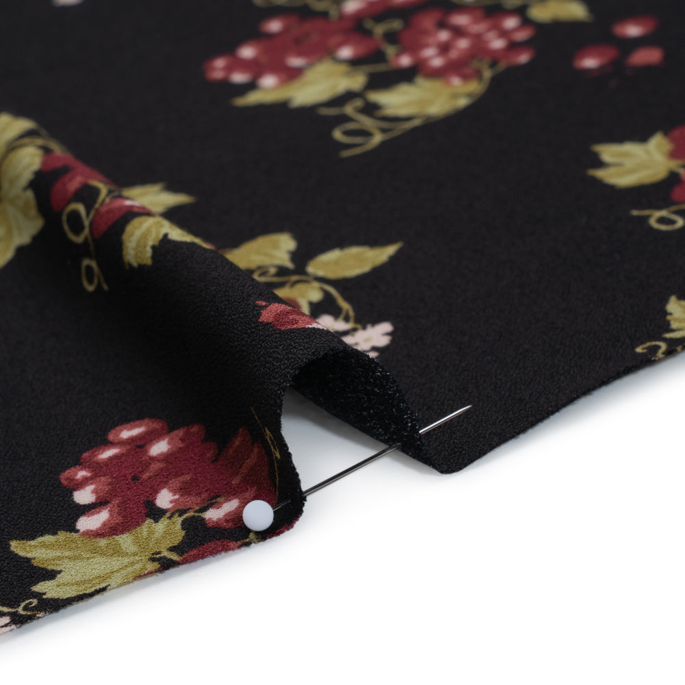 Sustainable Viscose Crepe Print by The Reformation - Black and Sangria Purple Grapes Illustration - Deadstock - Detail