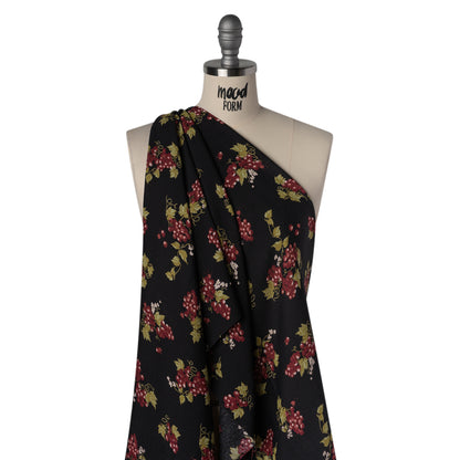 Sustainable Viscose Crepe Print by The Reformation - Black and Sangria Purple Grapes Illustration - Deadstock