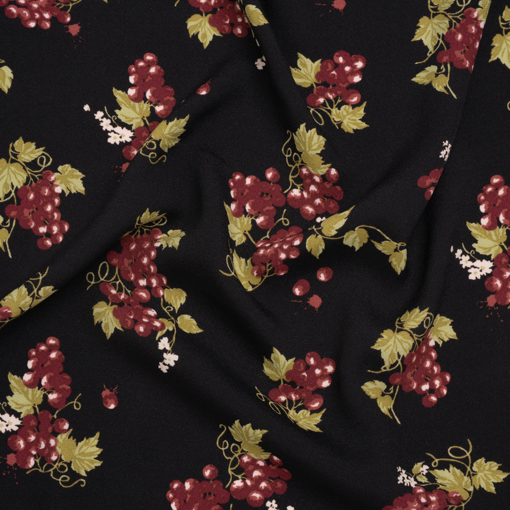 Sustainable Viscose Crepe Print by The Reformation - Black and Sangria Purple Grapes Illustration - Deadstock
