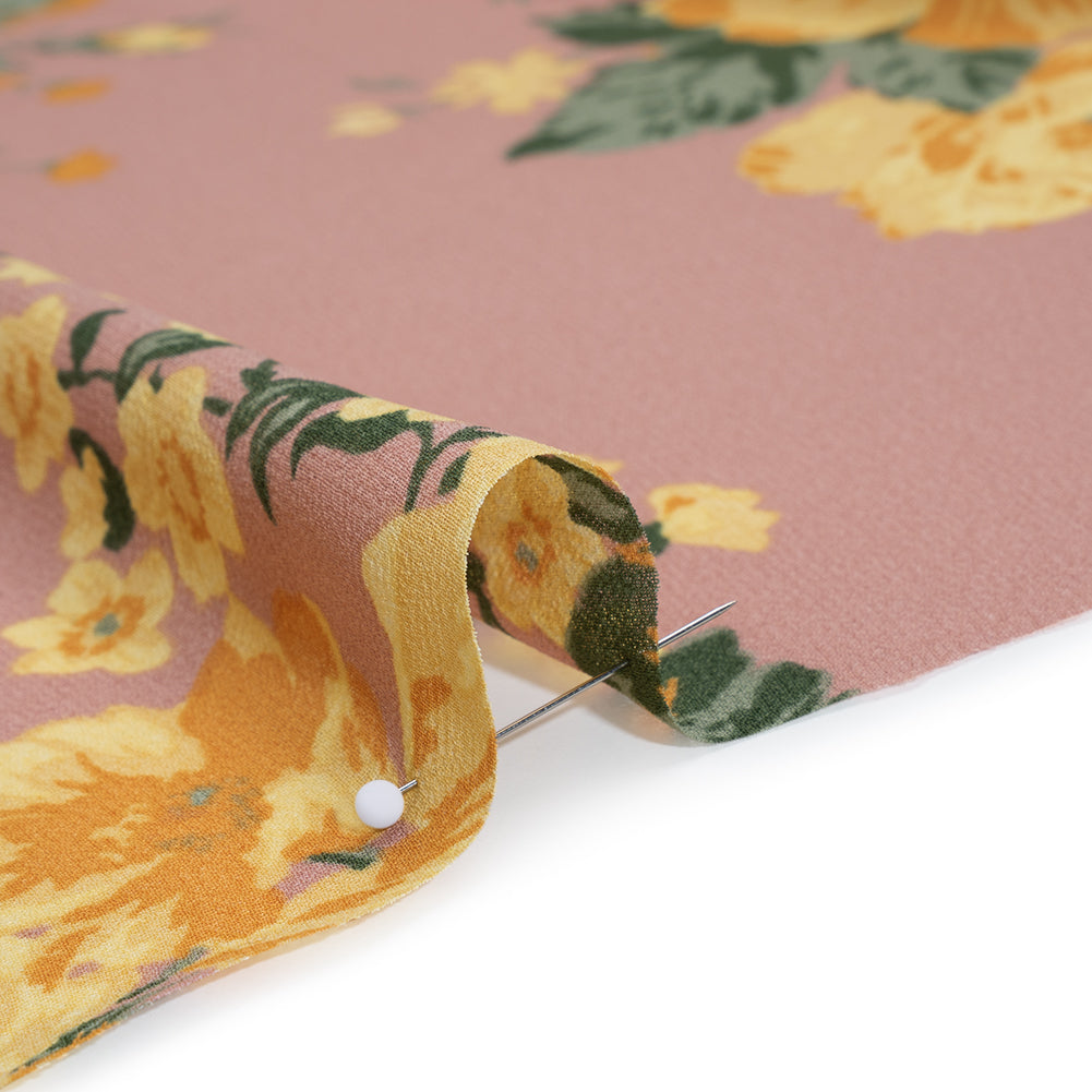 Viscose Georgette Print by The Reformation - Dusty Pink, Light Pastel Yellow and Golden Orange Floral - Deadstock - Detail