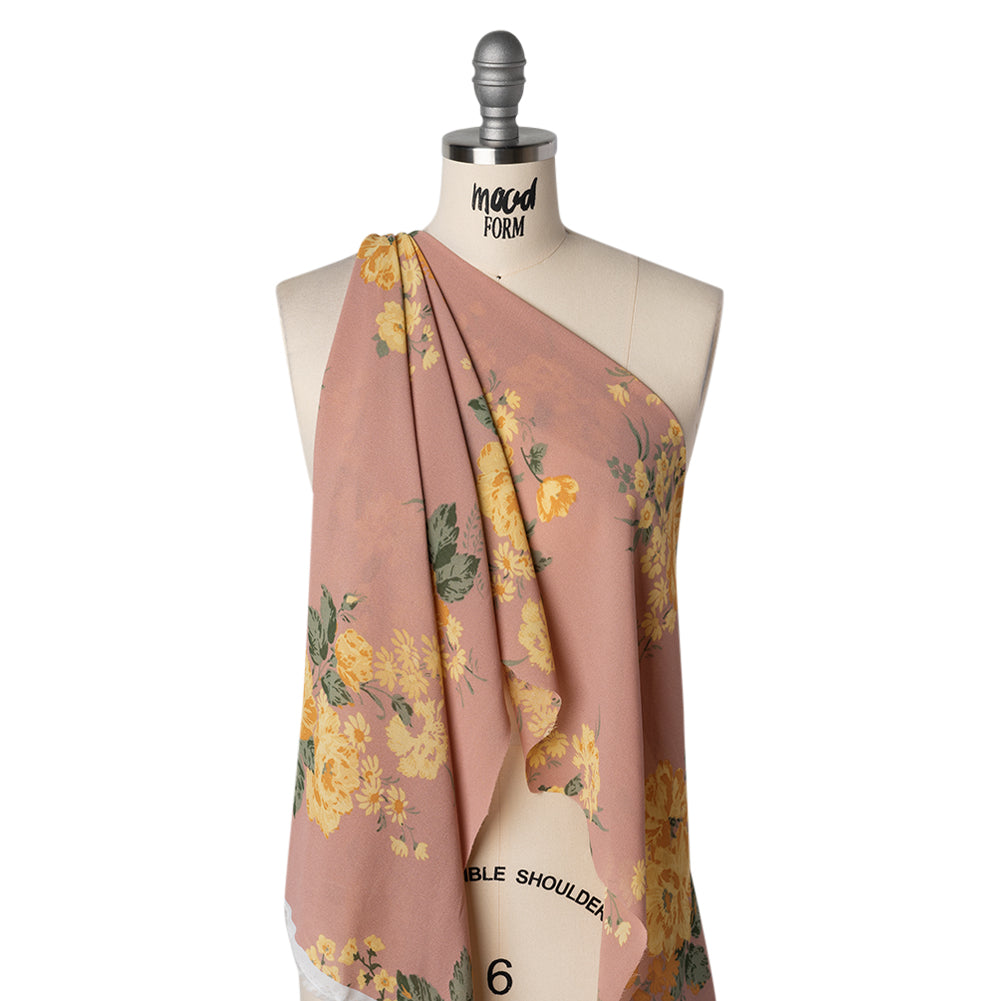 Viscose Georgette Print by The Reformation - Dusty Pink, Light Pastel Yellow and Golden Orange Floral - Deadstock - Drape
