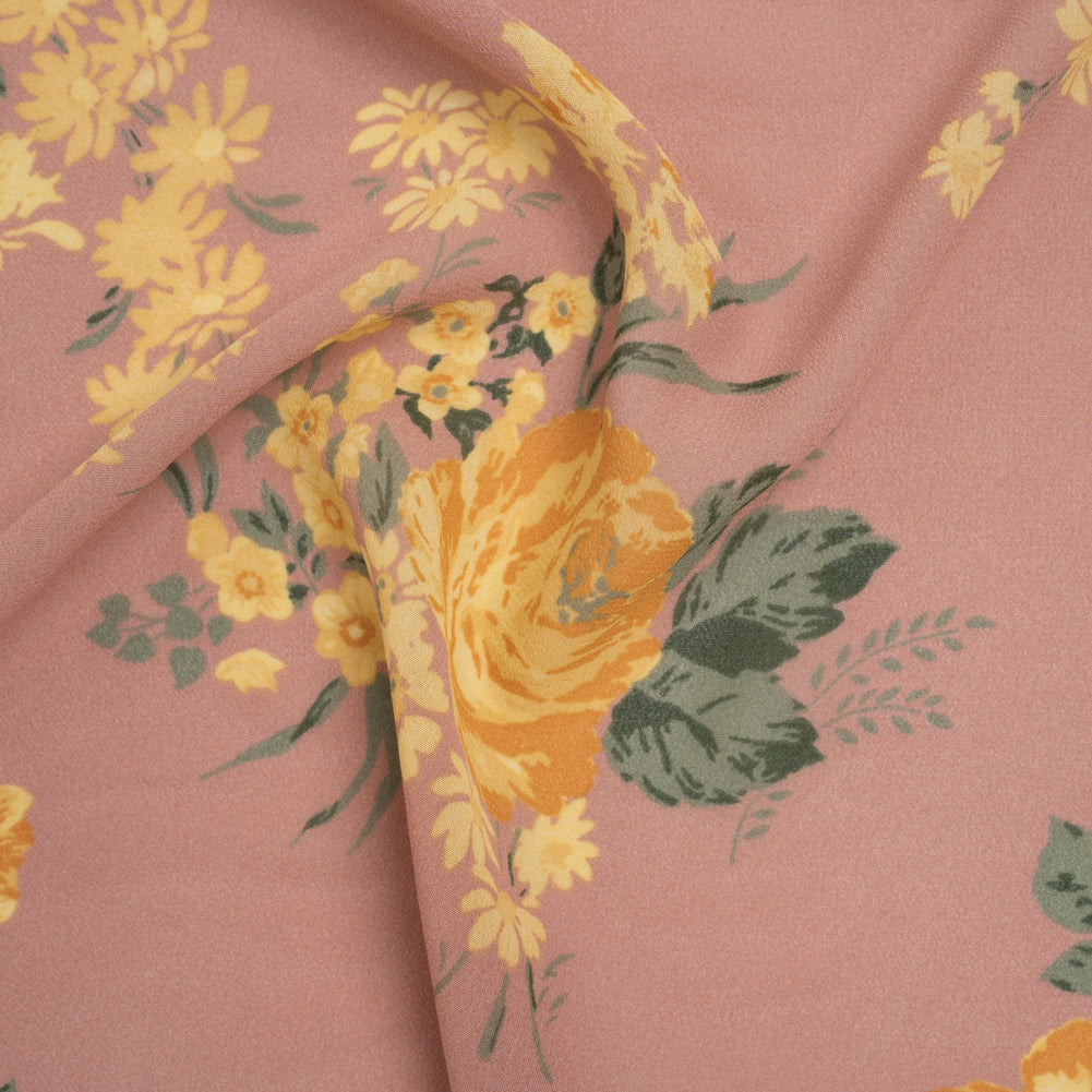 Viscose Georgette Print by The Reformation - Dusty Pink, Light Pastel Yellow and Golden Orange Floral - Deadstock