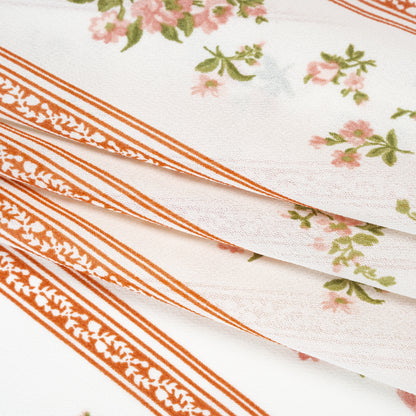 Viscose Georgette Print - Carnation Pink, Autumn Green and Off White Floral and Stripes - Designer Deadstock