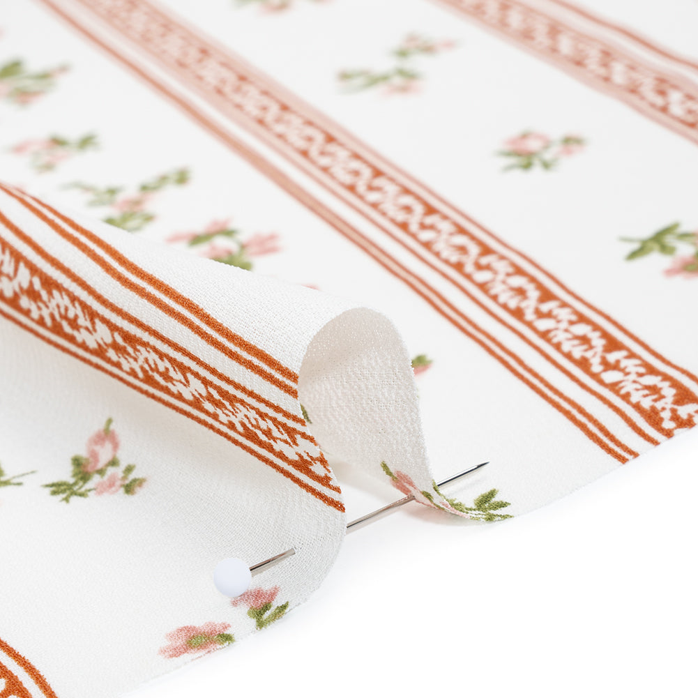 Viscose Georgette Print - Carnation Pink, Autumn Green and Off White Floral and Stripes - Designer Deadstock - Detail