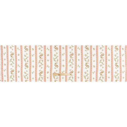 Viscose Georgette Print - Carnation Pink, Autumn Green and Off White Floral and Stripes - Designer Deadstock