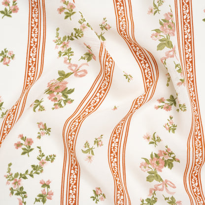 Viscose Georgette Print - Carnation Pink, Autumn Green and Off White Floral and Stripes - Designer Deadstock
