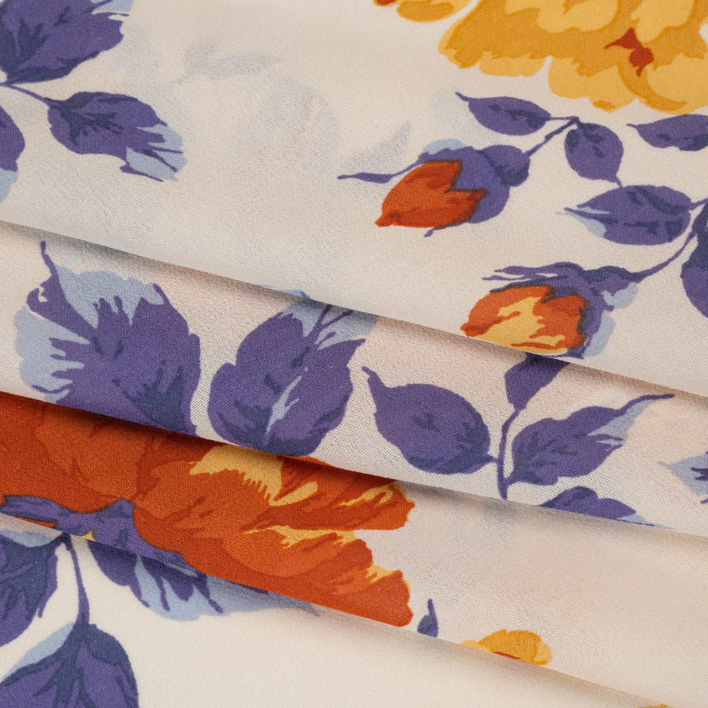 Viscose Georgette Print by The Reformation - Burnt Autumn Orange, Cornflower Yellow and Ripe Plum Purple Floral - Deadstock - Folded