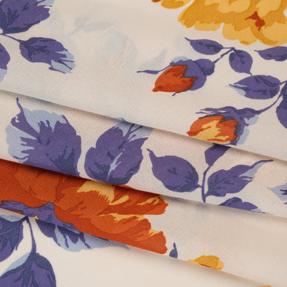 Viscose Georgette Print by The Reformation - Burnt Autumn Orange, Cornflower Yellow and Ripe Plum Purple Floral - Deadstock