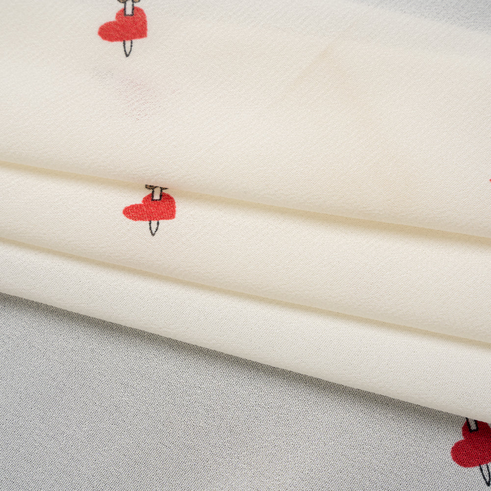 Viscose Georgette Print - Lipstick Red and Cream Dagger in Heart Graphic - Designer Deadstock - Folded
