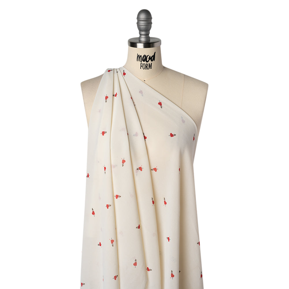 Viscose Georgette Print - Lipstick Red and Cream Dagger in Heart Graphic - Designer Deadstock - Drape