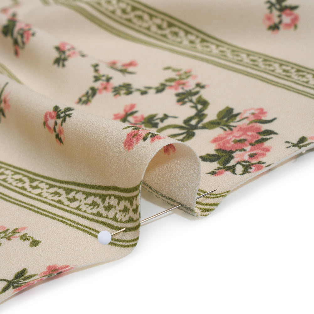 Sustainable Viscose Crepe Print - Dusty Pink and Moss Green Antique Floral and Stripes - Designer Deadstock - Detail