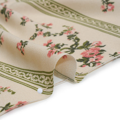 Sustainable Viscose Crepe Print - Dusty Pink and Moss Green Antique Floral and Stripes - Designer Deadstock