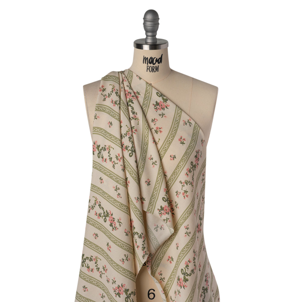 Sustainable Viscose Crepe Print - Dusty Pink and Moss Green Antique Floral and Stripes - Designer Deadstock - Drape