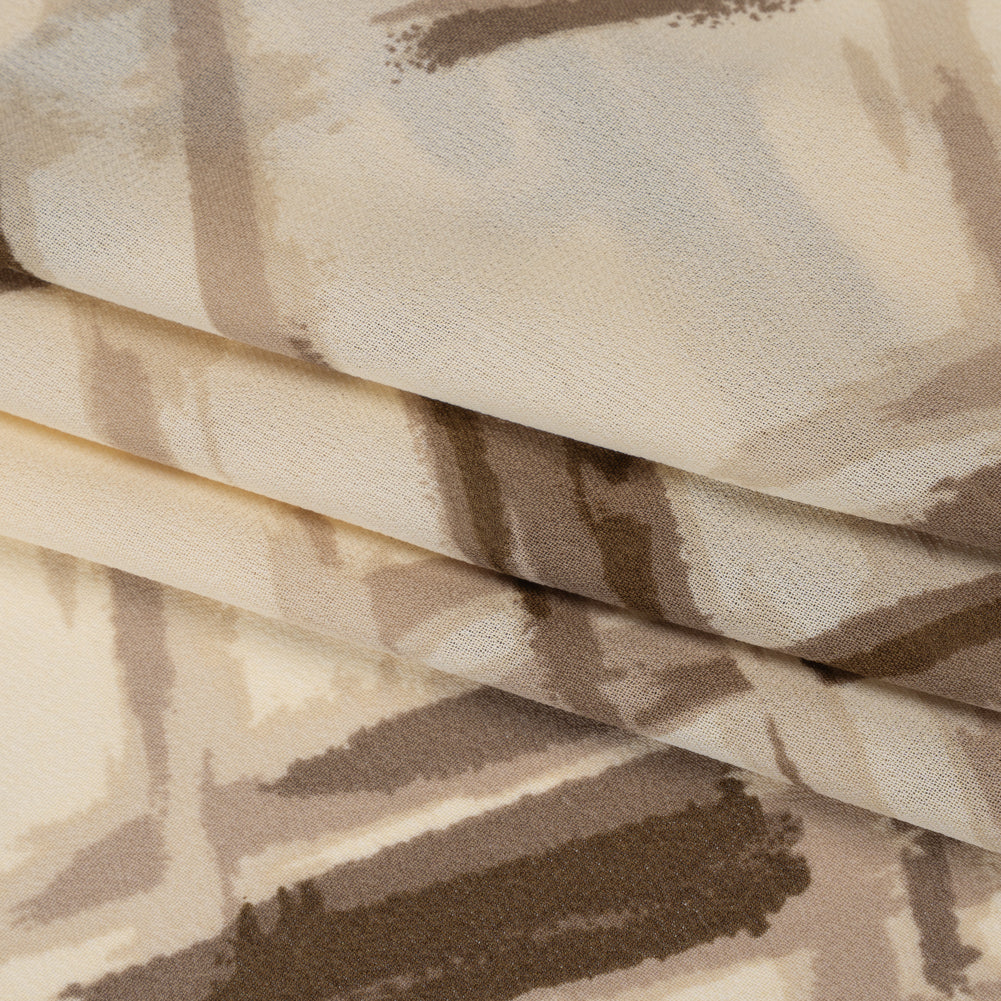 Viscose Georgette Print - Light Beige and Coffee Brown Painterly Criss Cross Lines - Designer Deadstock - Folded