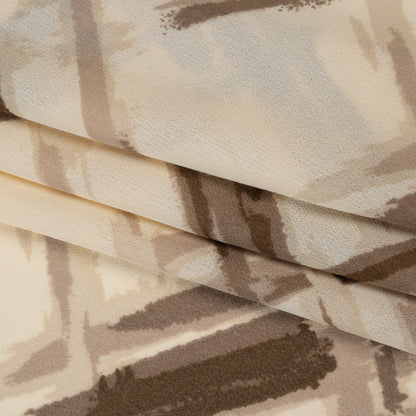 Viscose Georgette Print - Light Beige and Coffee Brown Painterly Criss Cross Lines - Designer Deadstock