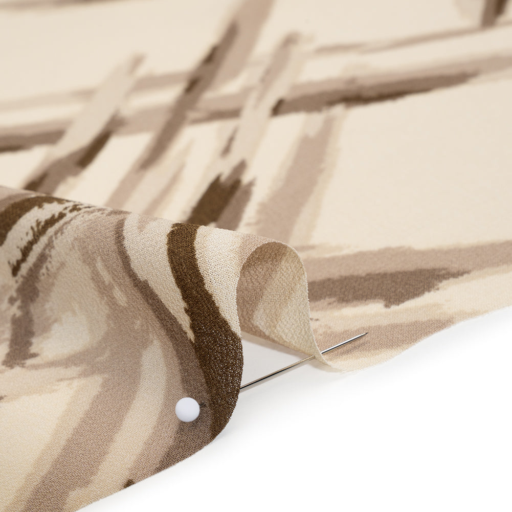 Viscose Georgette Print - Light Beige and Coffee Brown Painterly Criss Cross Lines - Designer Deadstock - Detail