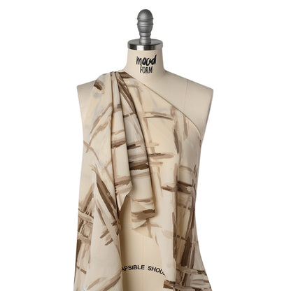 Viscose Georgette Print - Light Beige and Coffee Brown Painterly Criss Cross Lines - Designer Deadstock