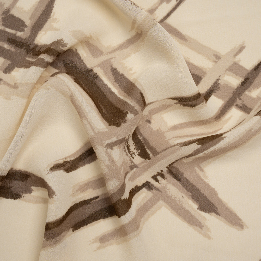 Viscose Georgette Print - Light Beige and Coffee Brown Painterly Criss Cross Lines - Designer Deadstock