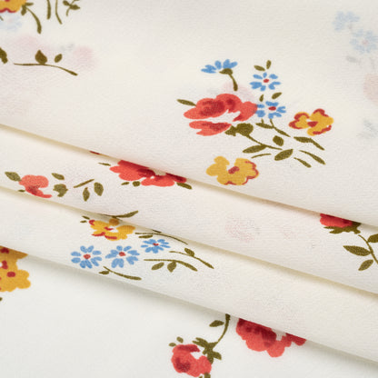 Viscose Georgette Print - Coral Pink, Sunset Yellow and Pacific Blue Floral - Designer Deadstock