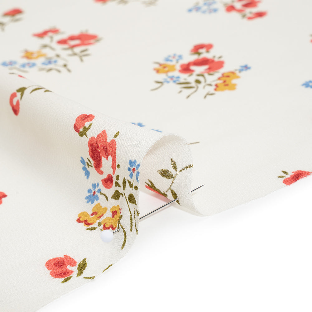Viscose Georgette Print - Coral Pink, Sunset Yellow and Pacific Blue Floral - Designer Deadstock - Detail