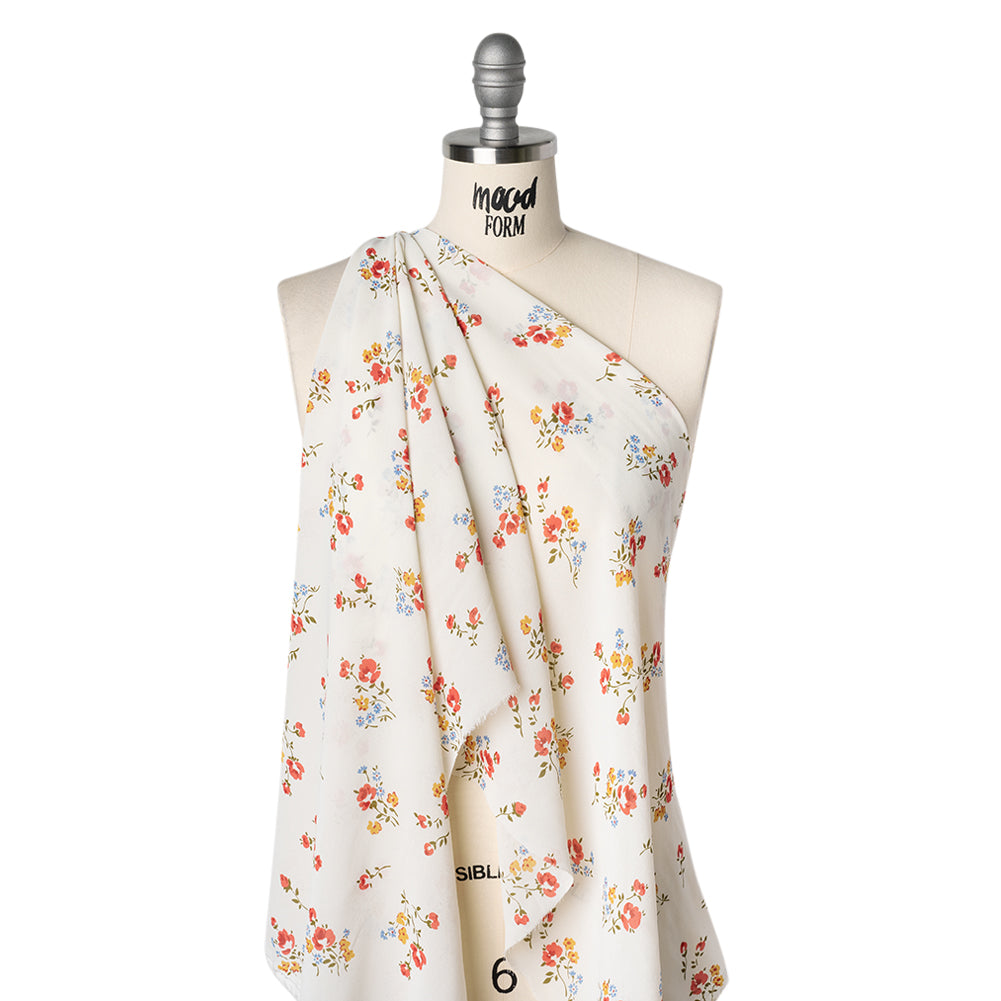 Viscose Georgette Print - Coral Pink, Sunset Yellow and Pacific Blue Floral - Designer Deadstock - Drape