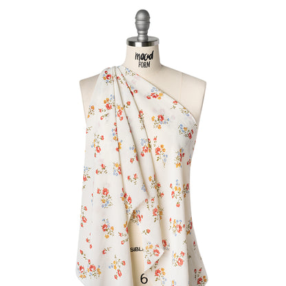 Viscose Georgette Print - Coral Pink, Sunset Yellow and Pacific Blue Floral - Designer Deadstock