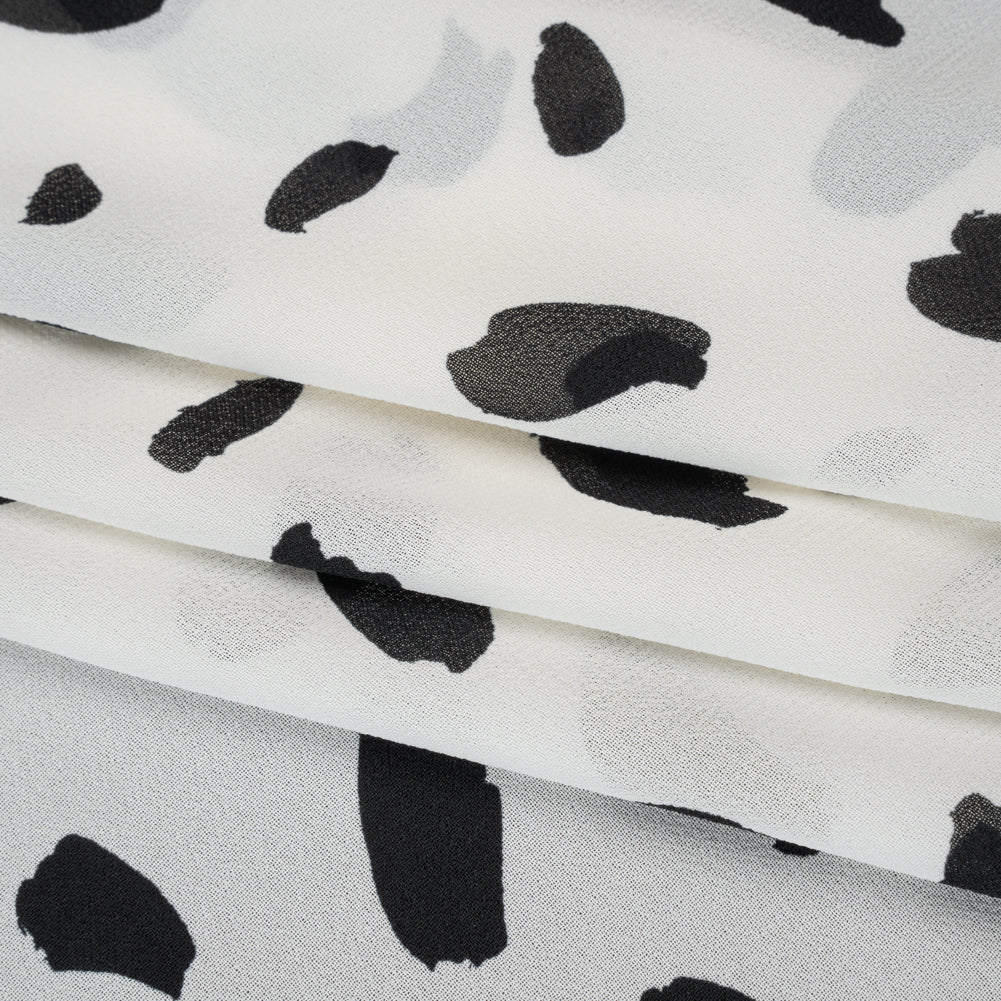 Viscose Georgette Print - Ink Black and Ivory White Painterly Brush Strokes - Designer Deadstock - Folded