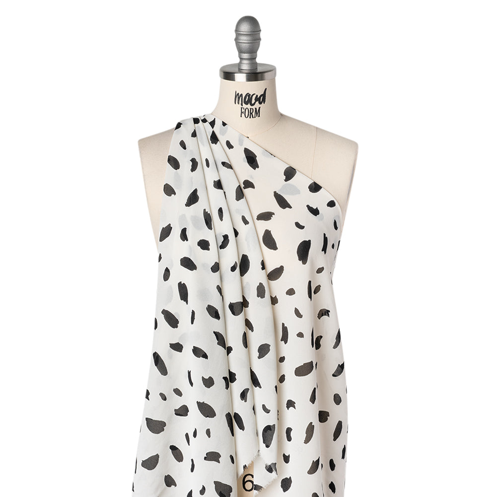 Viscose Georgette Print - Ink Black and Ivory White Painterly Brush Strokes - Designer Deadstock - Drape