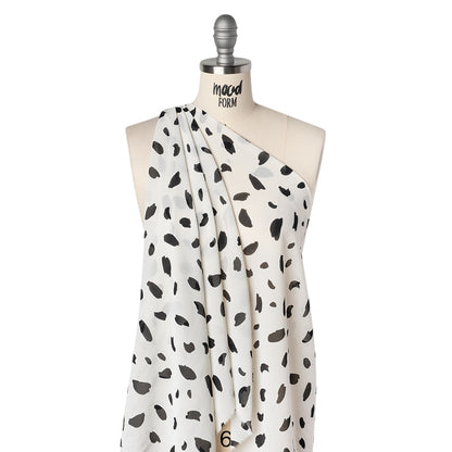 Viscose Georgette Print - Ink Black and Ivory White Painterly Brush Strokes - Designer Deadstock