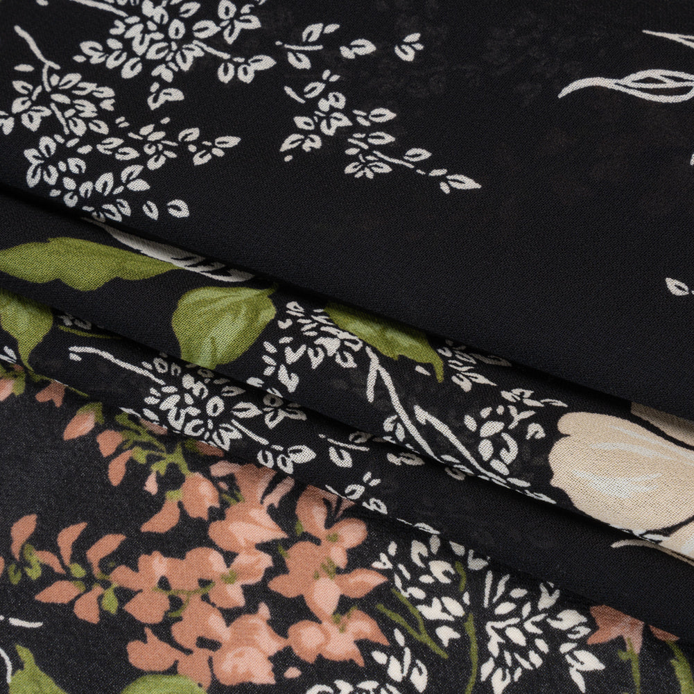 Viscose Georgette Print by The Reformation - Light Pastel Orange, Dusty Rose Pink and Black Floral - Deadstock - Folded