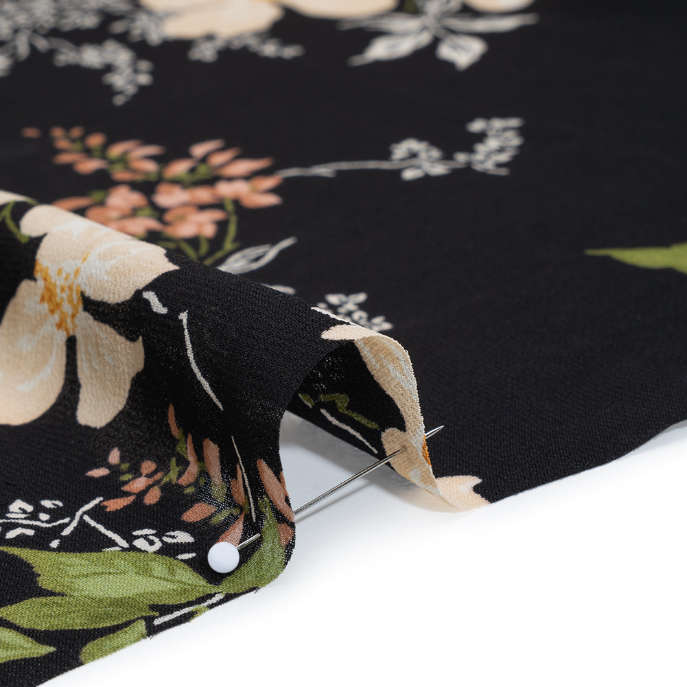 Viscose Georgette Print by The Reformation - Light Pastel Orange, Dusty Rose Pink and Black Floral - Deadstock - Detail