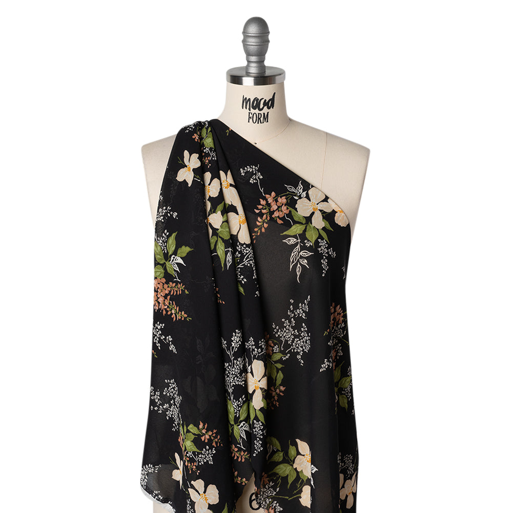 Viscose Georgette Print by The Reformation - Light Pastel Orange, Dusty Rose Pink and Black Floral - Deadstock - Drape