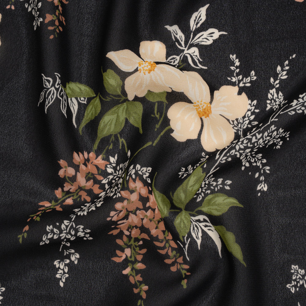 Viscose Georgette Print by The Reformation - Light Pastel Orange, Dusty Rose Pink and Black Floral - Deadstock