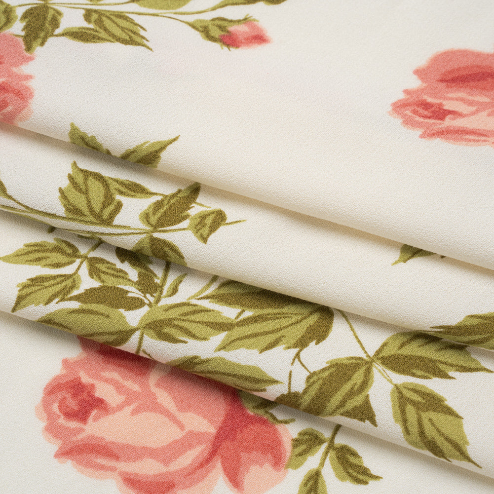 Sustainable Viscose Crepe Print - Coral Pink, Light Olive Green and Cream Large Rose Floral - Folded