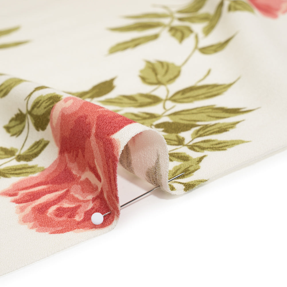 Sustainable Viscose Crepe Print - Coral Pink, Light Olive Green and Cream Large Rose Floral - Detail